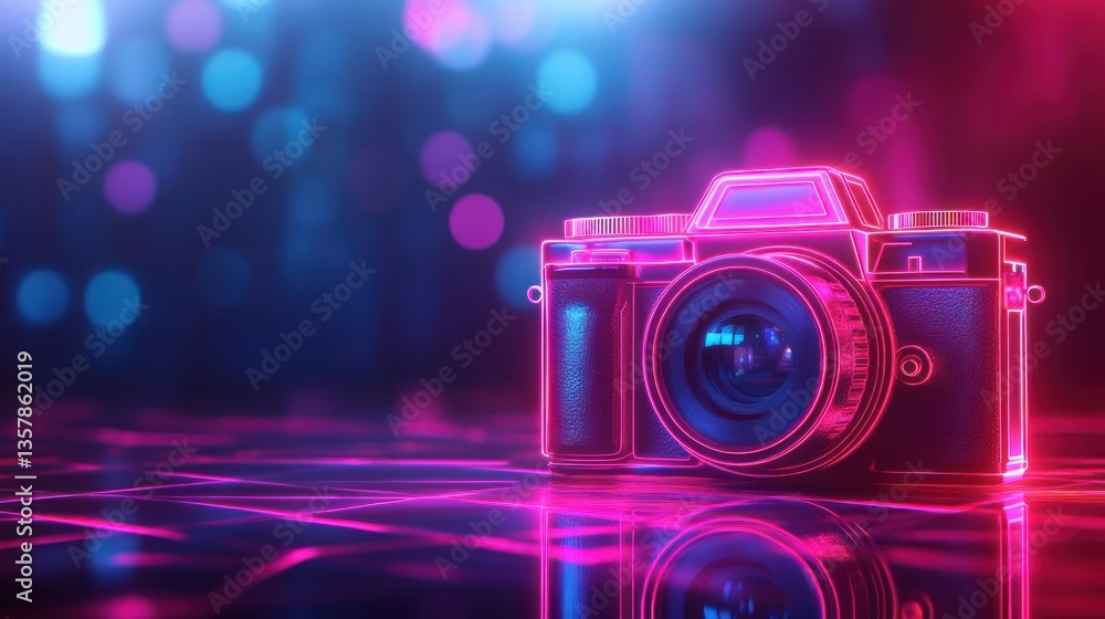 Poster neon camera in a futuristic setting