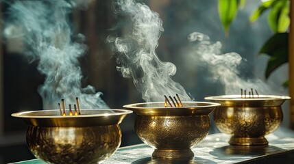Brass incense burners creating smoke patterns