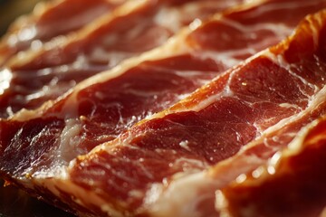 Obraz premium A detailed close-up of a slice of Jamn Iberico highlights the marbling and color variations in this premium cured meat, perfect for gourmet dishes Generative AI