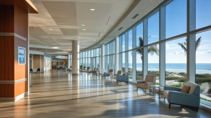A hospital near the beach, incorporating modern architecture with coastal elements and large windows