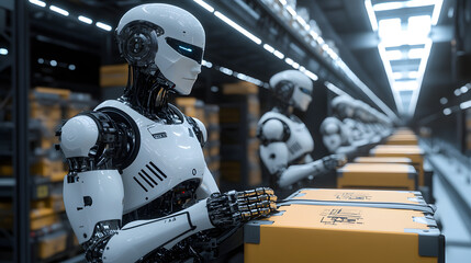 Fototapeta premium Futuristic robots operating a fully automated warehouse, managing inventory and processing orders efficiently with AI support.