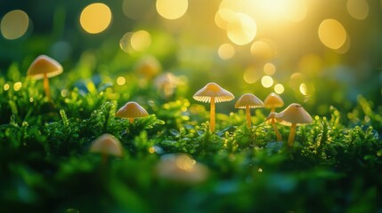 Mushrooms in grass sunlight. Generative AI