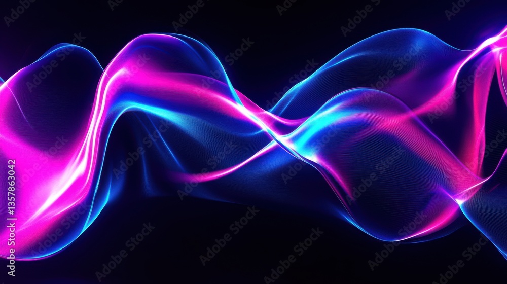 Poster Glowing neon waves of energy flowing in abstract motion, smooth curves and fluid lines in deep electric blue, magenta, and cyan, futuristic and dynamic digital art.