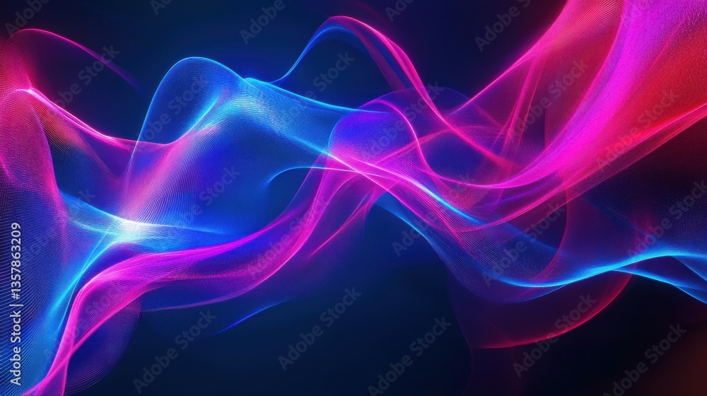Poster Glowing neon waves of energy flowing in abstract motion, smooth curves and fluid lines in deep electric blue, magenta, and cyan, futuristic and dynamic digital art.