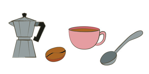 Coffee maker, cup, spoon and coffee bean illustration