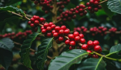 Obraz premium Coffee cherries ripen on the branch, lush greenery in the background,