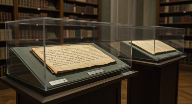 Antique manuscript in display case at the library,