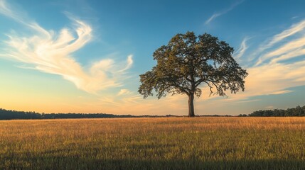 Obraz premium Oak in field, end of summer. Generative AI