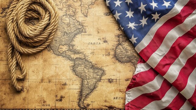 American flag and rope on treasure map on table on Columbus Day