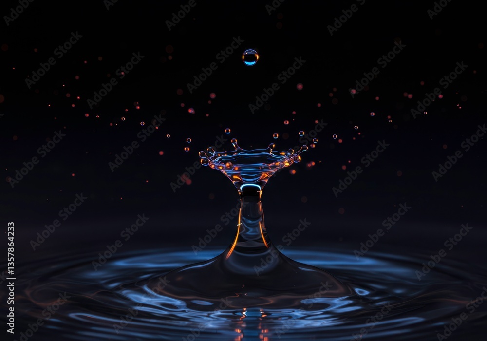 Poster water drop collision macro with vibrant orange and blue colors, liquid reflection with ripple effect