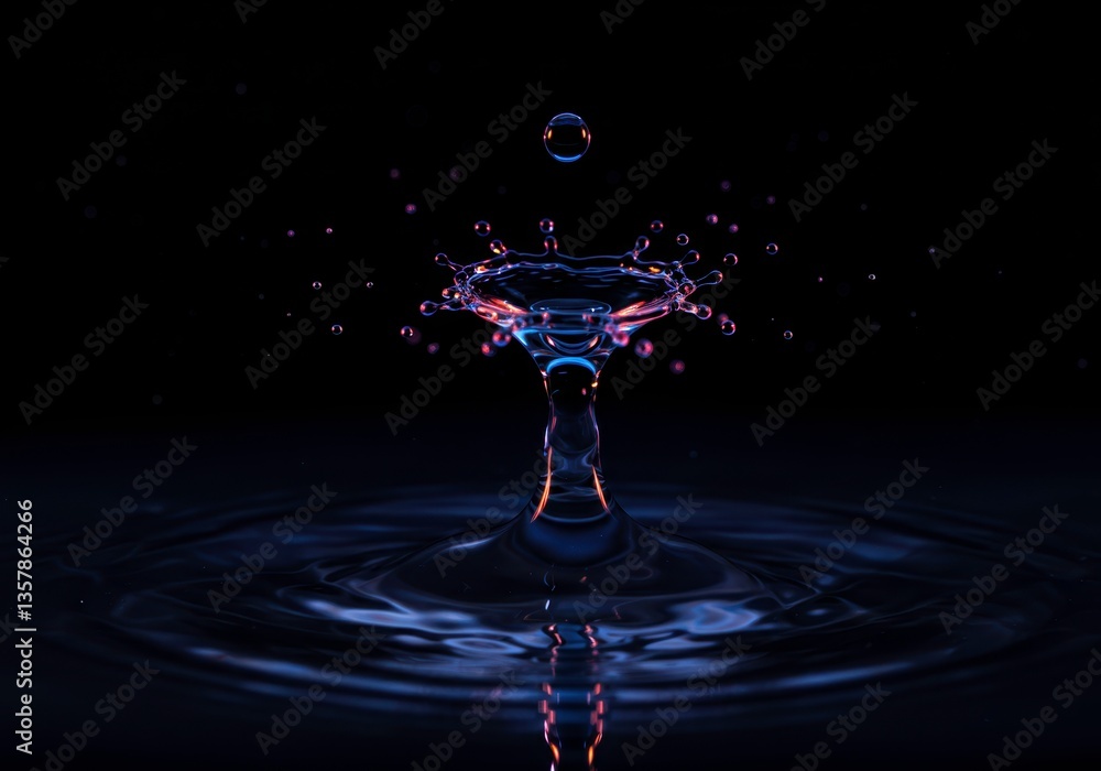 Poster mesmerizing water drop collision creating a crown-like splash, ideal for scientific visualization, d