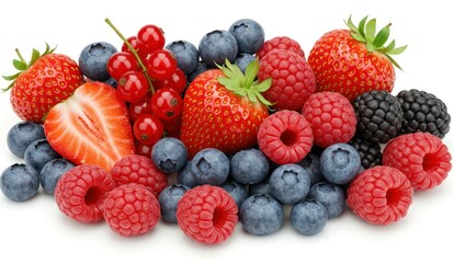 Mix of colorful and fresh assorted berries on a white background,