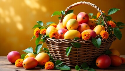 Summer Flat Lay with Mango Basket, Tropical Flowers, and Straw Hat