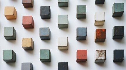 Abstract top down view of geometric cubes arranged a grid like pattern on a white background