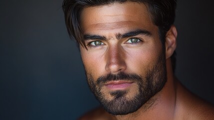 Obraz premium Intense Gaze: A Portrait of a Handsome Man with a Strong Jawline and Dark Hair