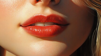 Close-up of a woman's red lips with a hint of teeth