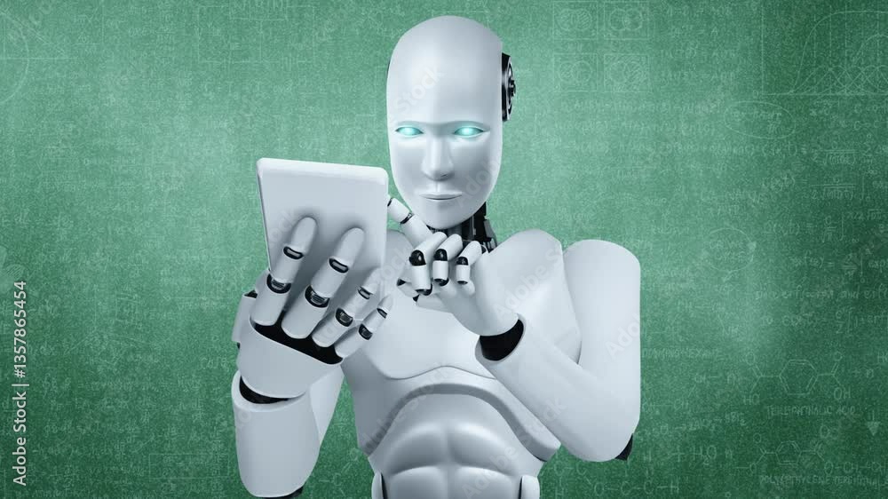 Poster robot hominoid use mobile phone or tablet for engineering science studying using ai thinking brain ,