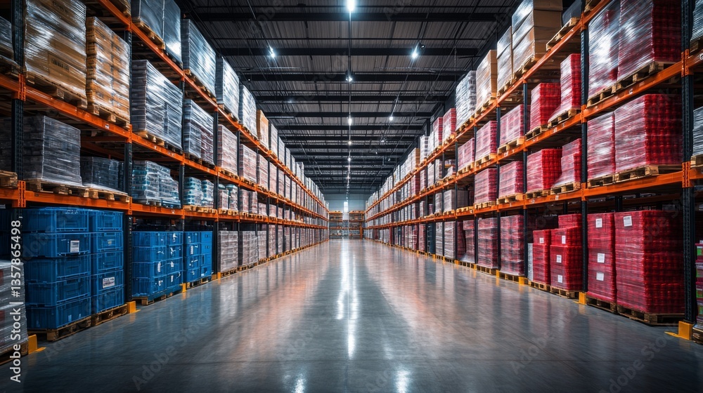 Poster A spacious warehouse features neatly stacked pallets of various goods, showcasing an efficient distribution and inventory management system during daylight hours.