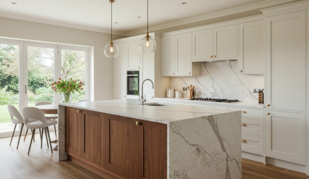 Bright, luxurious kitchen interior with a marble island and modern design,