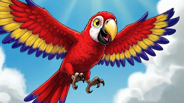Parrot Flying Cartoon Illustration Against a Bright Blue Sky with Clouds