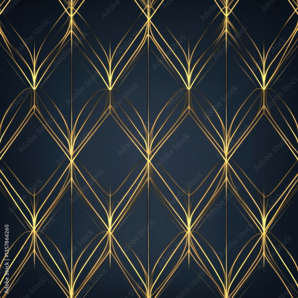 Aufkleber Luxurious Art Deco pattern featuring golden lines on a dark navy background in an elegant geometric style Generative AI