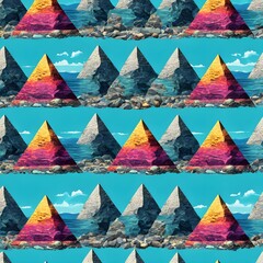 Digital matte painting with a pattern with a pyramid with sea stones.