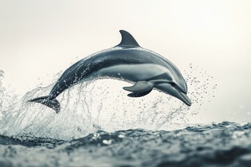 Fototapeta premium A photorealistic depiction of a dolphin mid-jump with glistening textures and curved elegance against splashing water in sharp focus