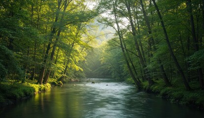 Obraz premium A serene river flowing through a dense, lush forest,