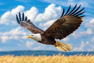 Majestic Bald Eagle Soaring Above Golden Fields