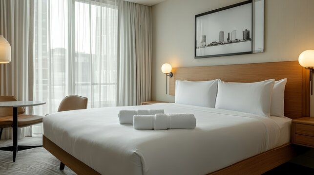 Neatly stacked white towels on a spotless white bed in a luxurious hotel room setting