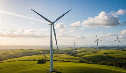 Wind turbines stand tall in a green field against a blue sky,