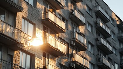Obraz premium old soviet multi-apartment residential high building with windows and balconies, evening sunlight