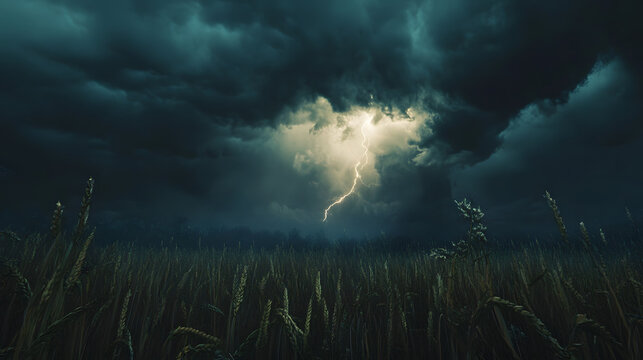 Lightning illuminating the sky above a wheat field, with ominous clouds rolling in.