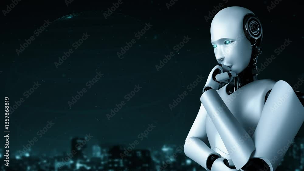 Poster internet connection controlled by ai robot huminoid and machine learning process to analyze data con