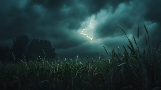 Lightning illuminating the sky above a wheat field, with ominous clouds rolling in.