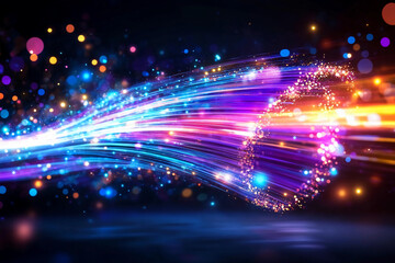 Fototapeta premium Cascade of Colorful Light Beams Flowing in Multiple Directions with Distortions and Speed Blurs, Creating a Sensation of Fast Motion and Dynamic Energy