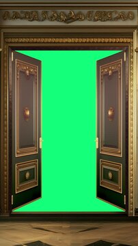 Luxury door opening to the background - vertical 3d animation with green chroma key and alpha channel
