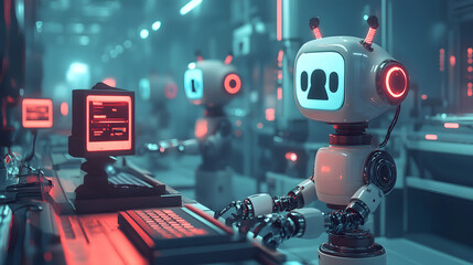 Robots in a futuristic factory equipped with AI, enhancing the workflow in a 24/7 operational environment, improving speed and precision.