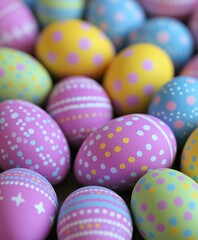 A vibrant close-up shows a variety of beautifully painted eggs in a colorful pile, showcasing intricate designs and bright hues.