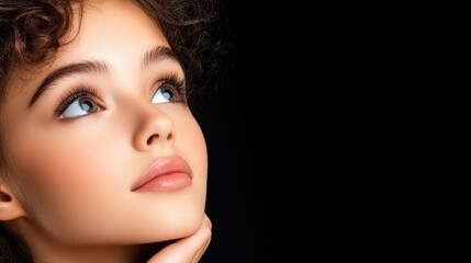 Fototapeta premium Young Woman with Curly Hair Gazing Upward