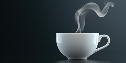 A steaming cup of hot beverage sits on a dark surface