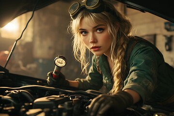 Focused Female Mechanic Inspecting Car Engine with Flashlight