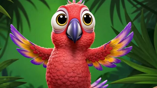 Animated Parrot Perched on Branch Waving Wing in Lush Jungle Setting