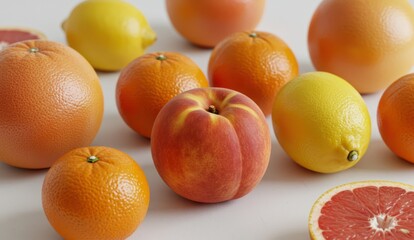 An array of fresh fruits including peach, citrus fruits, oranges, and lemon,