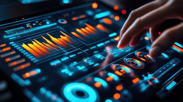 DJ Mixing Console in Action Hands Adjusting Controls on a Vibrant Illuminated Audio Interface