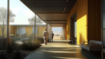 A rural hospital with modular structures and locally sourced materials, blending into the landscape