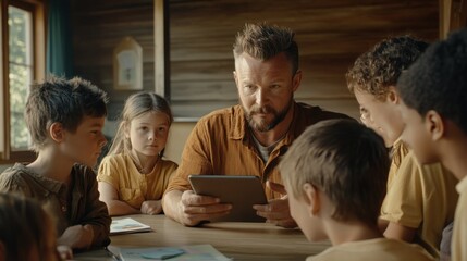 Educator Engaging with Students in a Classroom Setting Using Digital Tablet for Interactive Lea