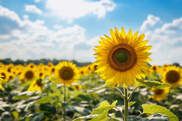 Fototapeta premium Vibrant sunflowers in a sunny field. Ideal for natural backgrounds, sunflower farming, floral patterns, and seasonal countryside images.