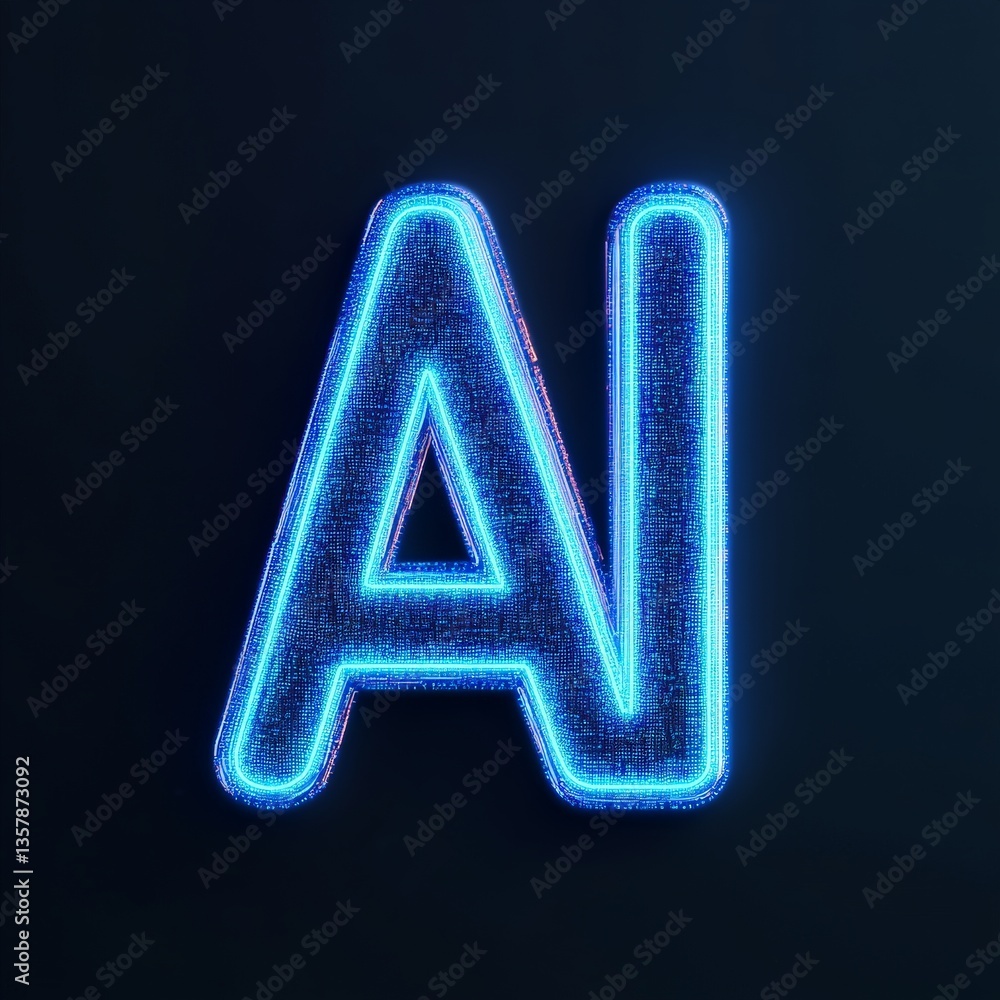 Poster minimal futuristic glowing ai typography in blue neon with sharp digital aesthetic on deep black cre