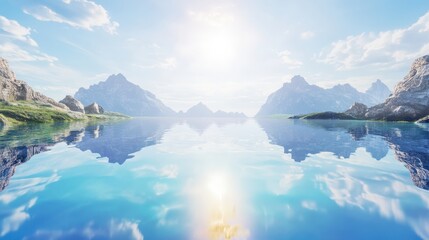 Naklejka premium Peaceful mountain lake reflecting clouds and bright sunlight on the water